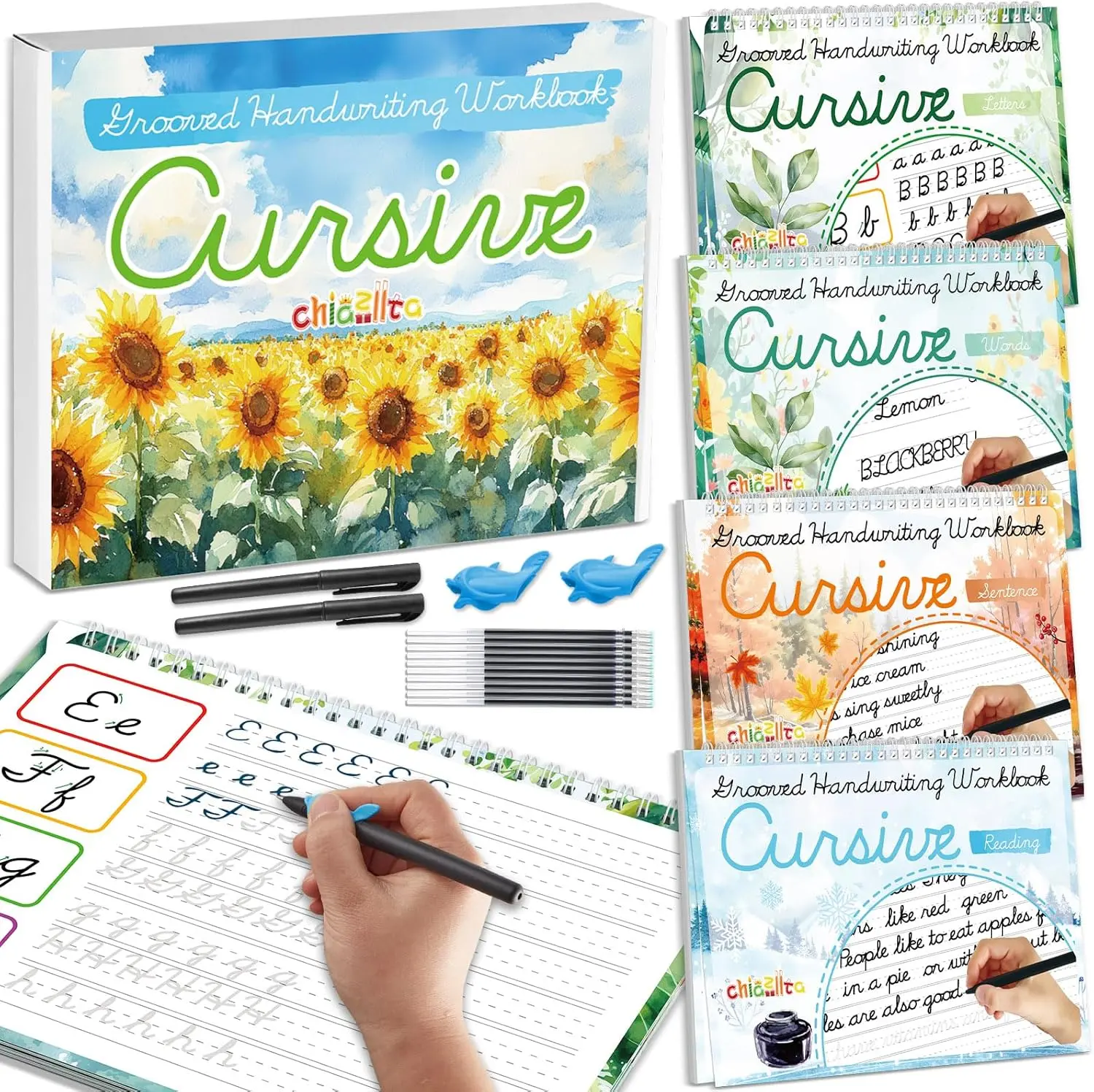 4 Pack Grooved Cursive Handwriting Practice Kit with Disappearing Ink Pens Magic Reusable Grooved Cursive Writing Workbooks Copybook for Beginners Kids (Words&Sentence&Reading&Letters)