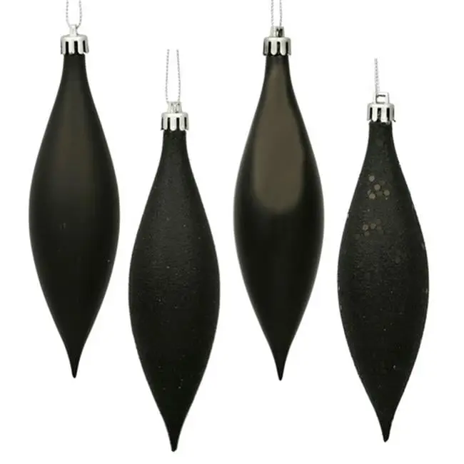 Vickerman 5.5 in. Acrylic Shatterproof Black Teardrop Christmas Ornaments - 8-Piece Assorted Finish Boxed Set with Finial, Glitter, Home Decor, Festive Party Supplies, Decoration