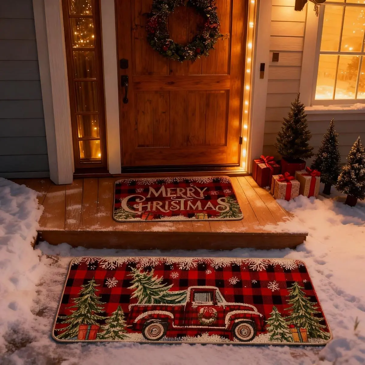2-Piece Anti-Slip Red Cloth Rugs - Farmhouse Truck Motif Christmas Kitchen Carpets, 2-Piece Sets Home Decor for Kitchen, Bathroom, Two Piece Sets