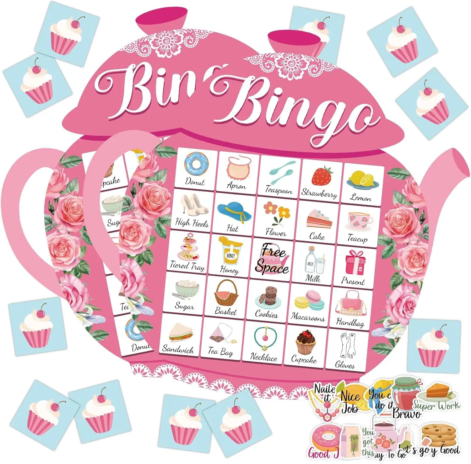 39Pcs Tea Party Bingo Game for Adults 24 Players Floral Teapot Shape Bingo Cards with Reward Stickers for Family Friend Student Large Group Activities Garden Bridal Wedding Holiday Party Favors
