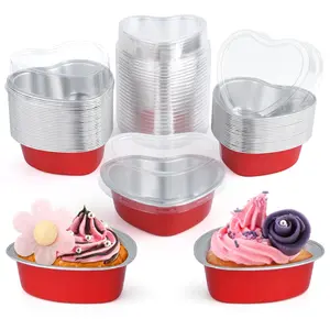 50Pcs Red Heart Cake Pans 100ml/3.4oz Aluminum Foil Heart Shaped Cupcake Cup with Lids, Valentines Dessert Cups Baking Cups for Valentines Wedding Christmas Birthday Party Decorations Cover Bakeware Set Utensils Sturdy Silicone
