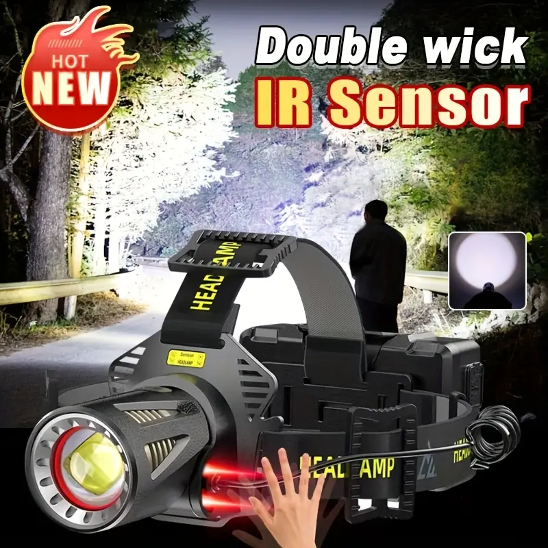 XHP360 Super Bright LED Flashlight - 2000+ Lumens, USB Rechargeable, 3x18650 Batteries, Aluminum Alloy Body, Telescopic Lens, Breathable Adjustable Headband, Safe Locking Position, Infrared Sensing Dual Switch for Night Fishing, Camping, Battery Level Dis