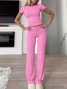 Women's Solid Color Fitted Top & Pants Two-piece Set, Basic Casual Fashion Cozy Breathable Two Piece Outfits for Daily Outdoor Wear, Ladies Clothes for All Seasons, Airport Outfit, Womenswear, Fabric