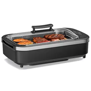 Smokeless Grill Indoor, 1500W Touch Panel 200-450℉ Temp Control, 90-Min Auto Shutoff Overheat Protection, Removable Nonstick Plates, X-Type Cord