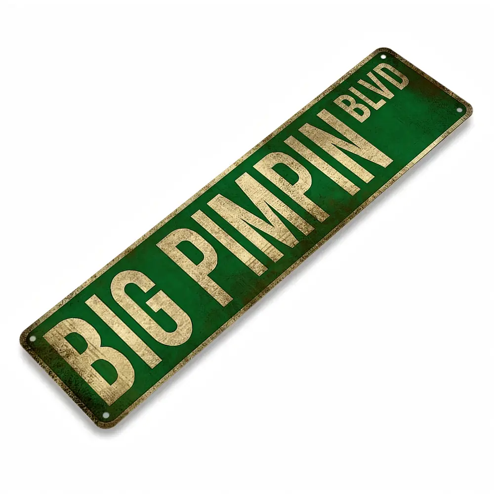 Flat Shape Big Pimpin Blvd Waterproof Aluminum Street Sign, Retro Distressed Funny Home Decor Item, Green & Gold Weathered Design, 16x4 in Ornament, Mens Room Decor, Funky Unique Gift for Hip Hop Fans