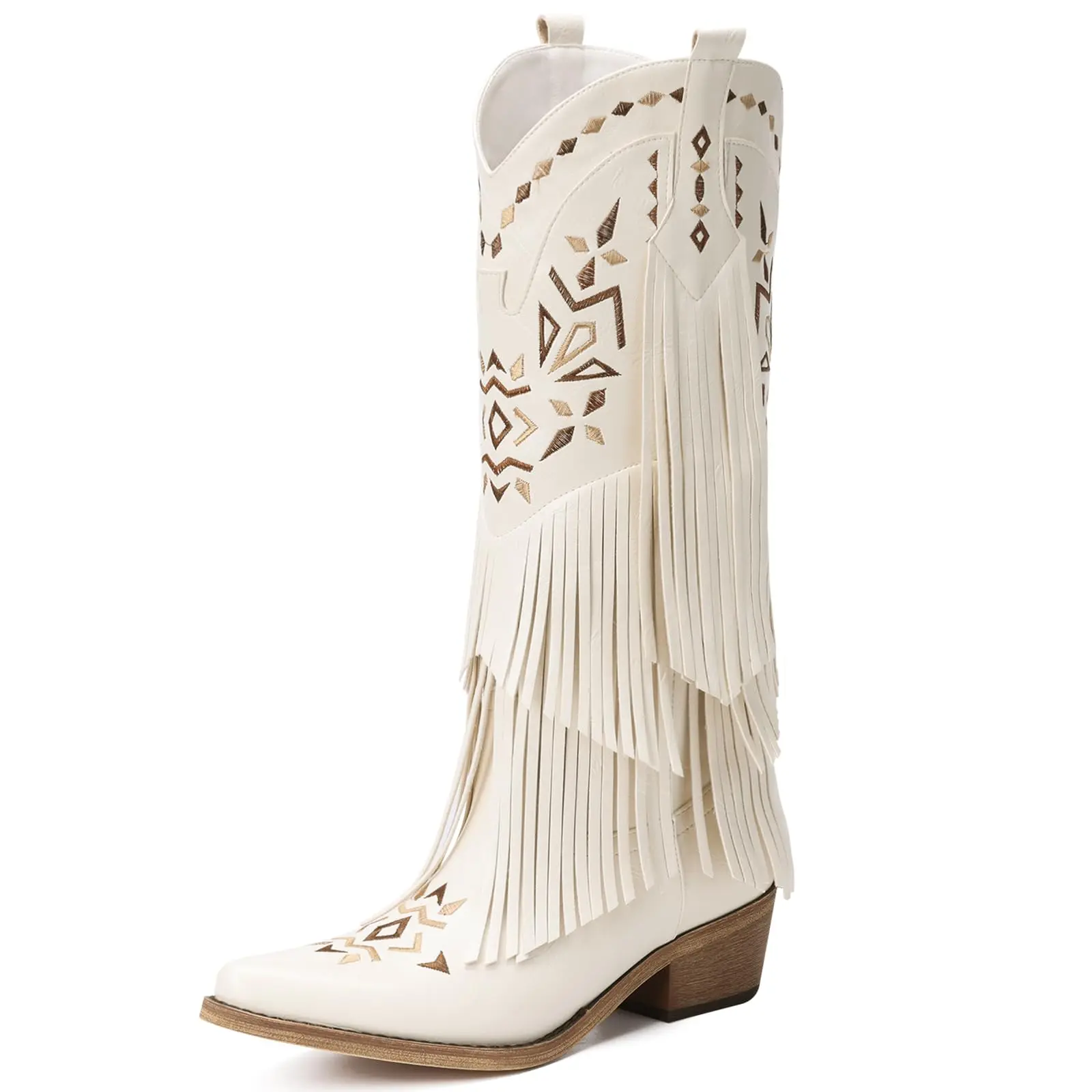 Women's Knee-High Western Style Boots with Floral Embroidery and Fringe - Faux Leather Pull-On Cowgirl Boot with a Chunky Heel, Western Style Boot