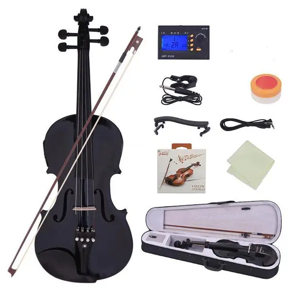 GV102 4/4 Size Solid Wood EQ Violin Kit for Adults, with Case, Bow, Strings, Shoulder Rest, Electronic Tuner, Connecting Wire, Cloth & Essential Accessories (Black) – Excellent Present for Music Enthusiasts, Accessories Kit