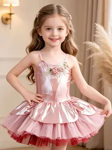 Girls' Sleeveless Rose Gold Polyester Spaghetti Strap Ballet Tutu Dress - 3D Floral Rose Embroidery, Double-Layer Ruffles Satin 2-Tone Tulle Skirt, Slim-Fitting Party Wear for Dance Recitals, Birthday Parties