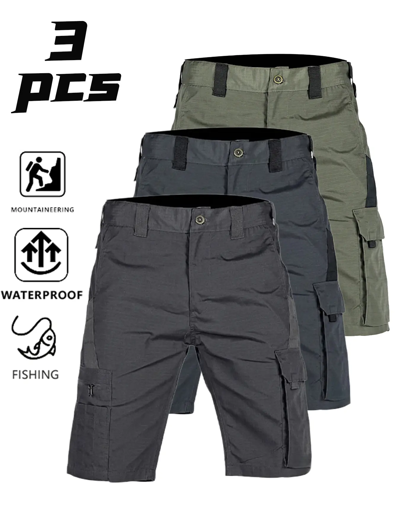 Men’s 3-Pack Loose Fit Tactical Cargo Shorts - Mid Waist, Waterproof Polyester, Wear-Resistant, Layered Pockets, Cool Sports Shorts, Suitable for Hiking, Outdoor Activities, Tactical Shorts