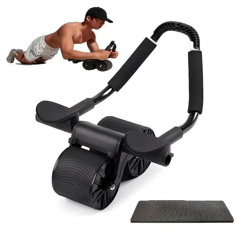 Black Automatic Rebound Ab Roller - PVC&Iron Core Abdominal Training Equipment with Resistance Control, Ergonomic Adjustable Handles, Portable Design for Home Gym Workouts