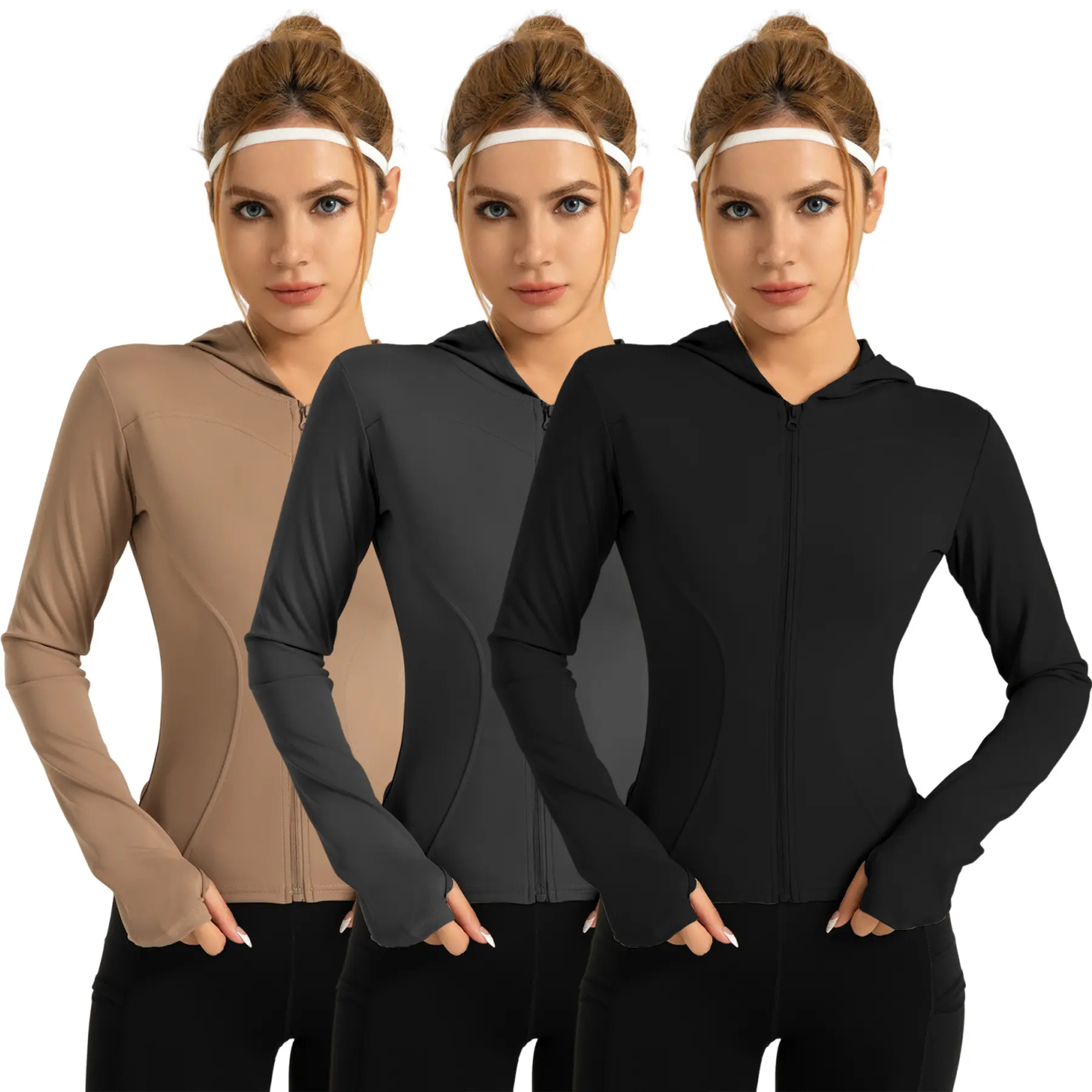 Women's 3-Pack Quick-Dry Fitted Gym Jacket, Cropped Long-Sleeve Full-Zip Hooded Sport Outerwear with Thumb Holes for Yoga, Workout Yoga Jacket