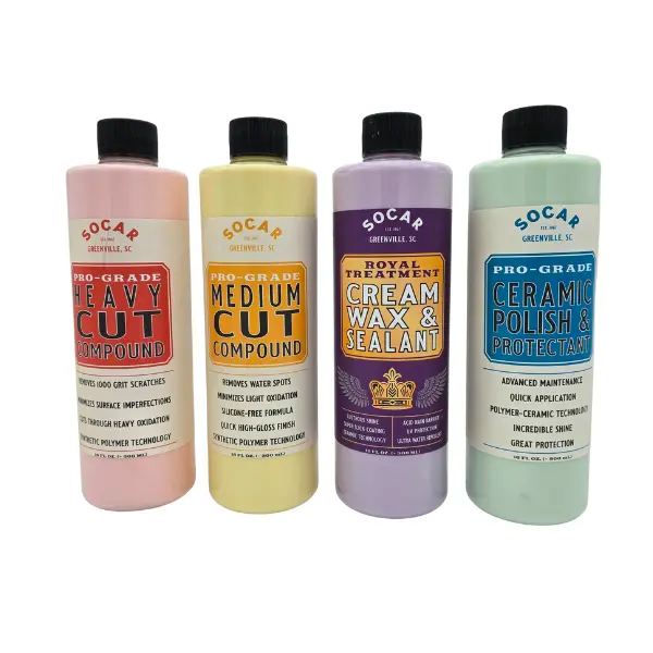Socar Chemical 4-Piece Car Detailing Buffing Compounds Set - 4 Cut & Polish Compound Types, 2 Buff Pads, 2 Microfiber Cloths for Automotive Buffing Pad Polishing Machines & Accessories, DIY Car Care