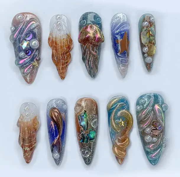 Free Style Chrome Long Almond Nails |Custom Colorful 3D Metallic Jellyfish Gel Nail Art | Blue & Orange Ombre Handpainted Nail Set, acrylic  press  nails