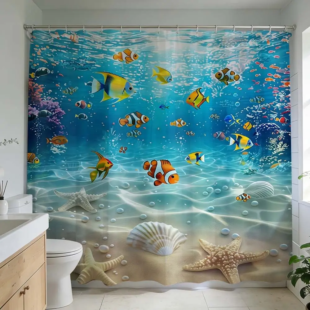 1 Pc Waterproof Decorative Aesthetic Shower Curtain, Create an ocean-inspired bathroom design with fish and seashell prints ideal for bathroom renovation, home decoration, Bathroom Decorations