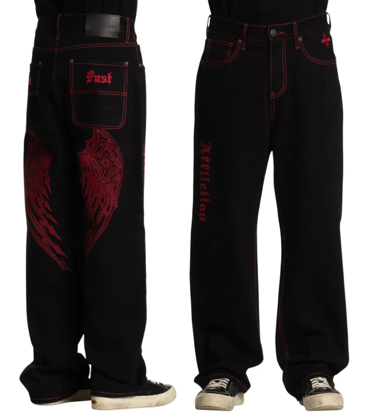 Affliction Men's Wide Leg Jeans in Rigid Stretch Denim with Wings Detail, 32" Inseam Casual Menswear, Black/Rinse, Casual Wear, All Seasons, Jeans Pants, Mid Waist, Plain, Hemming, Mensfashion, Artwork Wings, Denim Fabric, Wide-Leg Pants, Cold Wash, Zippe