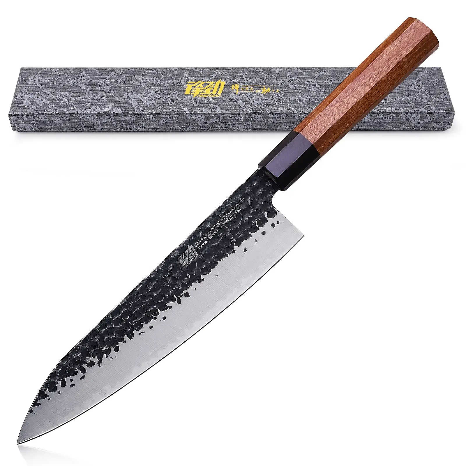 FINDKING Dynasty Series 8-Inch Japanese Professional Chef Knife, 9Cr18MoV High Carbon Steel Blade, African Rosewood Octagonal Rosewood Grip, Sharp Meat-Cutting Knife