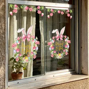Easter Bunny Wreath Flat 2D Window Sticker Set, Electrostatic Glass Decal, Easter Window Decoration Gift, Holiday Home Decor