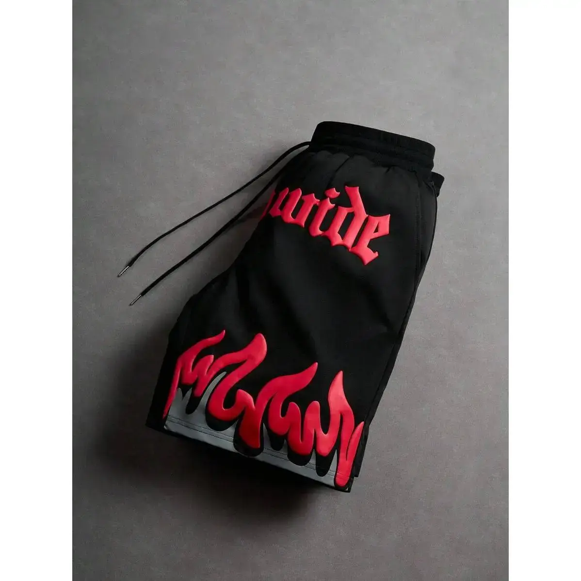 Men's Casual Summer Flame & Letter Print Shorts, Black Graphic Shorts, Red Flame Shorts, Back To School Men's Casual Summer Flame & Letter Print Shorts, Black Graphic Shorts, Red Flame Shorts, Back To School