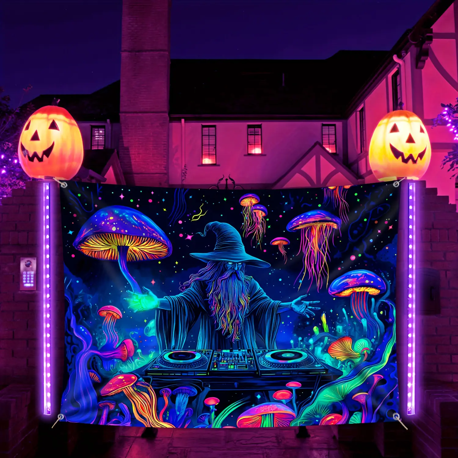 Halloween Outdoor Decor - Wizard DJ Jellyfish Mushroom Fluorescent Tapestry - Large Wall Hanging for Yard Party, Hole-Punched Easy Hang, Festive Gift, Polyester, No Electricity Needed
