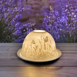 [Lavender Butterfly Tealight Holder] Stunning 3D Lavender Butterfly Porcelain Dome Tealight Holder, Shade & Plate - Living Room, Dining Room Table Ornaments, Home Decors, Butterfly Ornaments, Candle Holder Nature