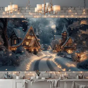 Christmas & New Year's Snowy Town Wall Tapestry Winter Wonderland Landscape Room Decoration Items Wall Fabric Bedroom Tapestry