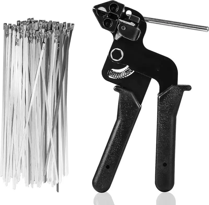 304 Stainless Steel Cable Tie Gun Kit - 100-Pack 11.8 in (4.6mm x 300mm) Heavy Duty Metal Zip Ties, 200 lbs Tensile Strength, UV Resistant Outdoor Safe for Chain Link Fence, Industrial Use