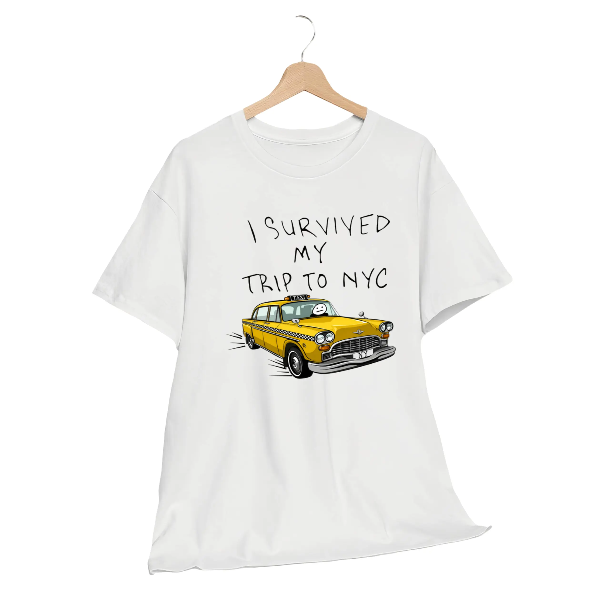 Funny NYC cotton t-shirt "i survived my trip to new york" holiday design novelty souvenir travel shirt for tourists, vacation gift, sightseeing keepsake, manhattan, brooklyn, statue of liberty, urban humor