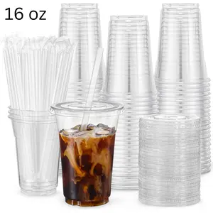 [100 Sets - 16oz] Plastic Cups with Lids and Straws, Disposable Cups for Iced Coffee, Smoothie, Milkshake, Cold Drinks - Clear