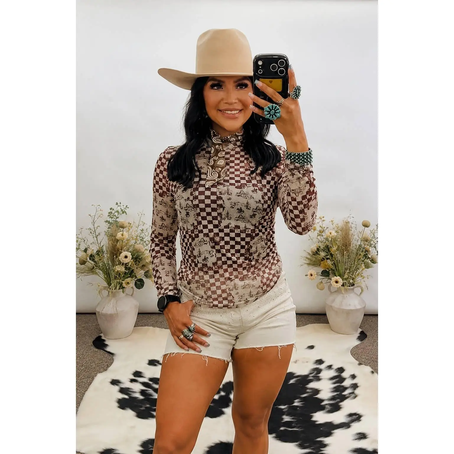Brown Checkered Western Scenic Print Long Sleeve Mesh Top