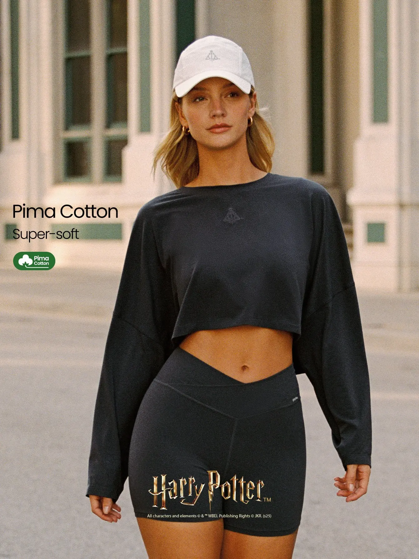GLOWMODE X Harry Potter Pima Cotton The Deathly Hollows Lightweight Soft Stretchy Relaxed Fit Cropped Graphic Crewneck T-Shirt Daily Casual Wear