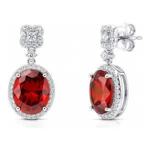 BERRICLE Sterling Silver Halo Clover Drop Dangle Earrings for Women, Oval Cut Cubic Zirconia CZ, Color (Clear, Red)