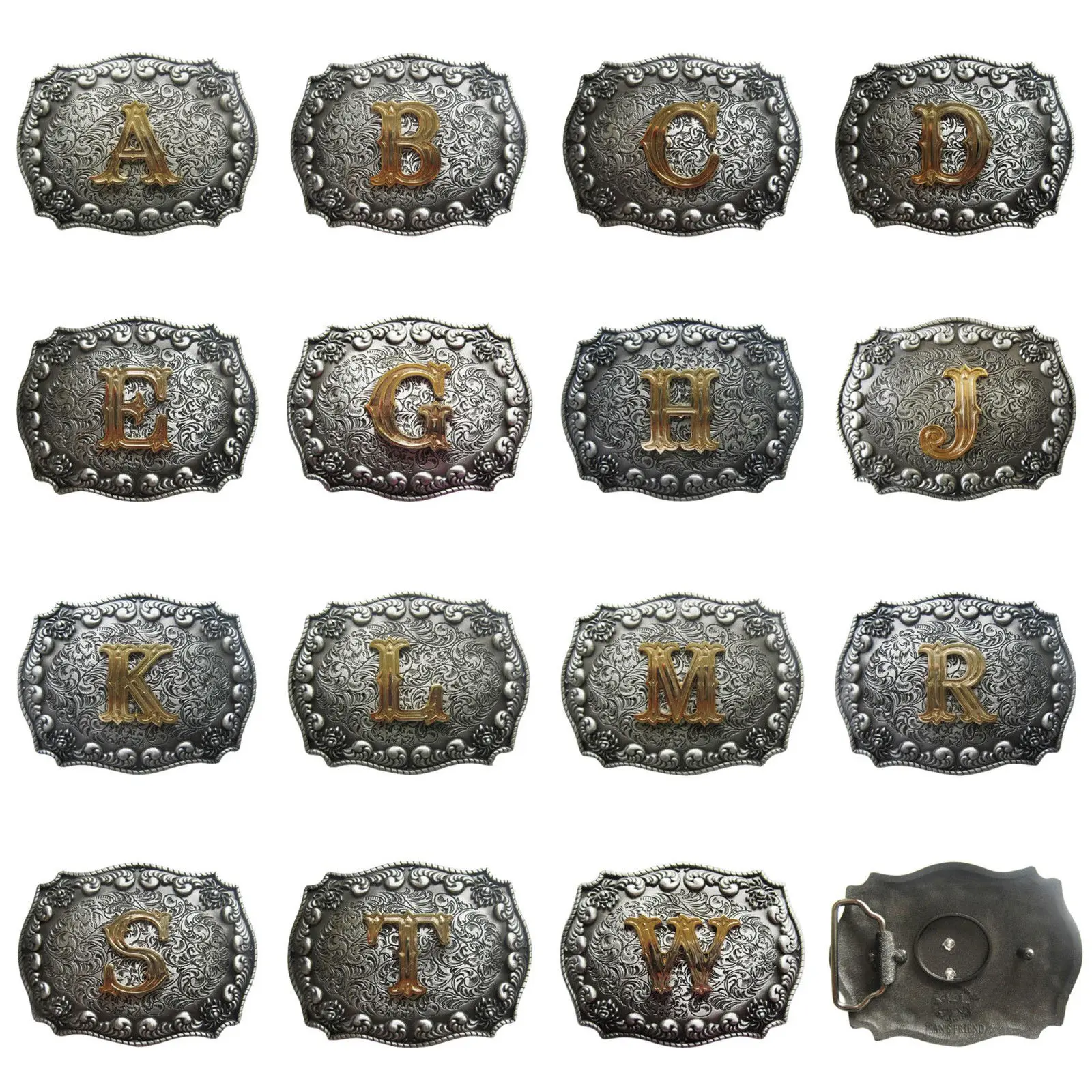 Unisex Antique Silver with Gold Initial Letter A-Z Western Cowboy Belt Buckle for Cowboy Belts, 4.09x3.07", 1.58 Inches