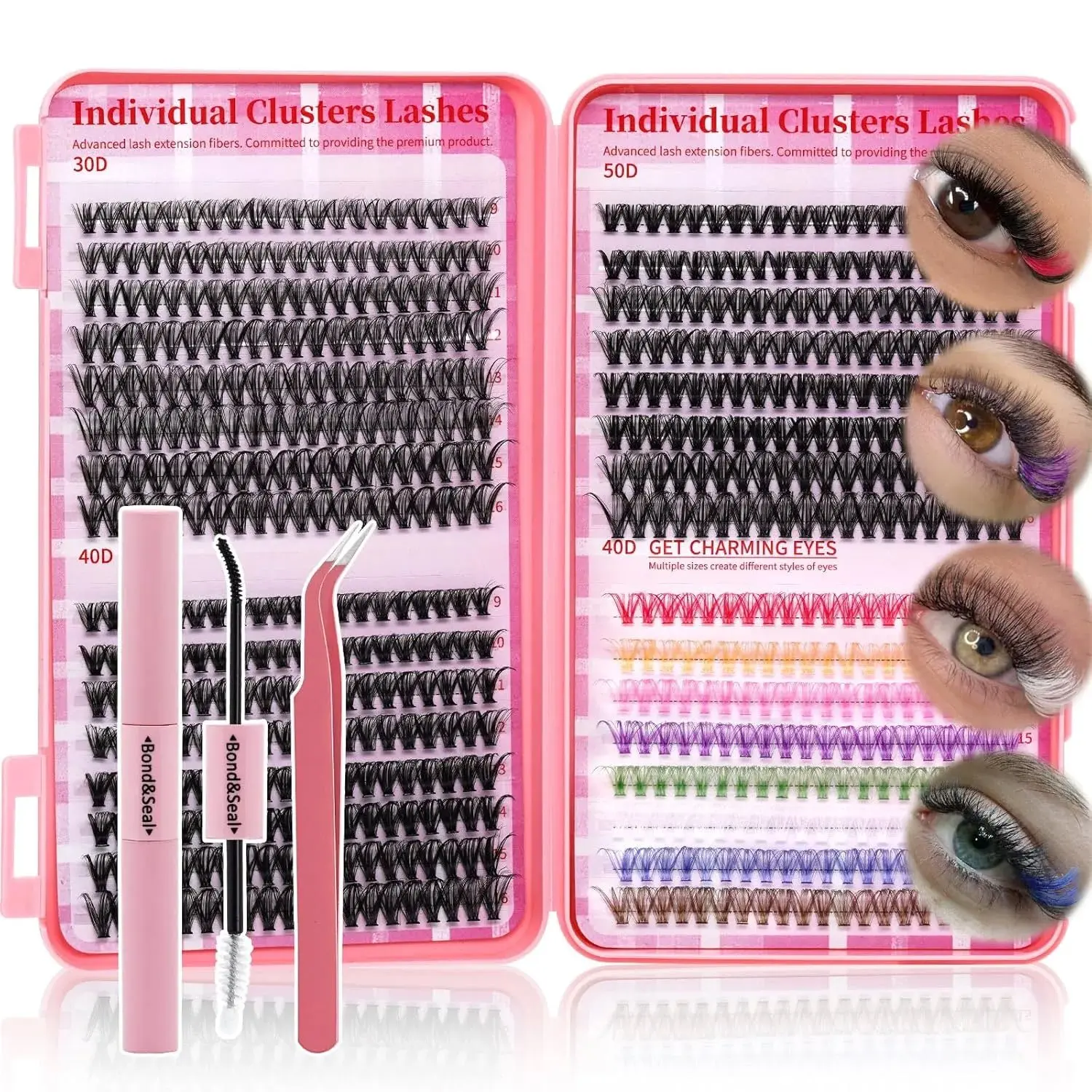 Lash Clusters Kit DIY Lash Extension Kit Colored Cluster Lashes Eyelash Extension Kit Individual Lashes with Lash Bond and Seal,Lash Tweezers Natural Look(30D+40D+50D+40D Colored Kit,9-16mm)