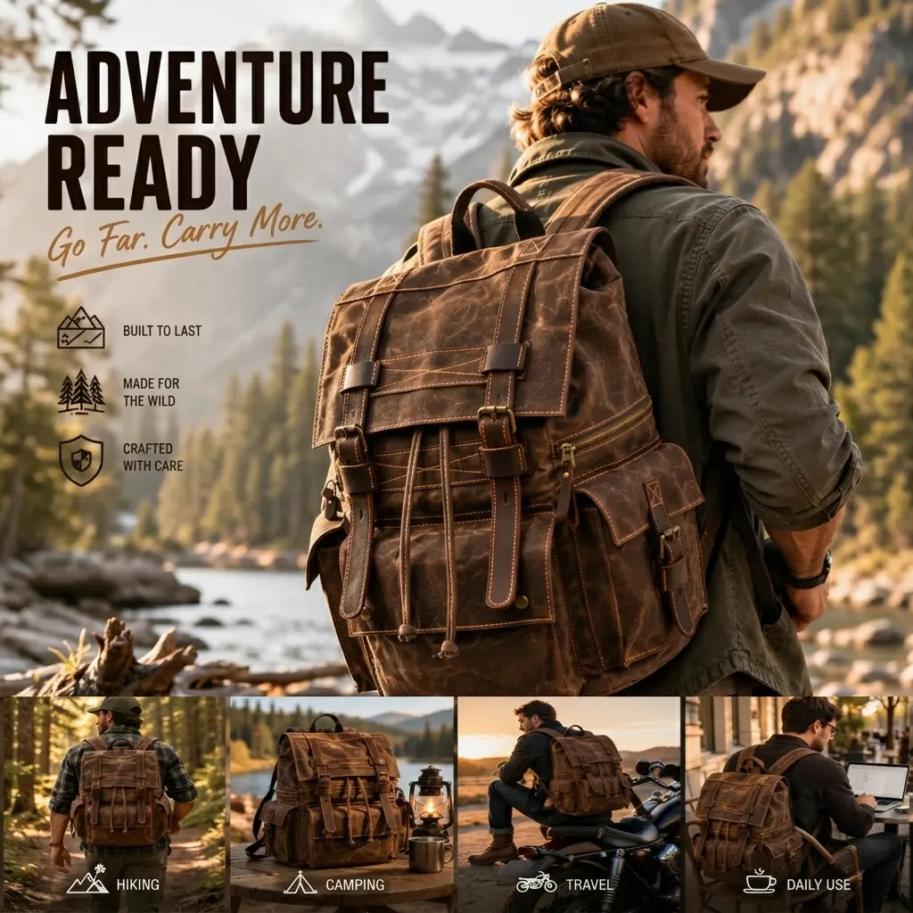 Men's Retro Waxed Canvas Laptop Backpack - Waterproof, Large-Capacity, Adjustable Shoulder Strap, Large Pockets, Casual Plain Work Bag for Adults, College, Dry Cleanable, 15.3in(L)x3.9in(W)x17.7in(H) Laptop Shoulder Handbag, Ideal Gift for Boyfriend