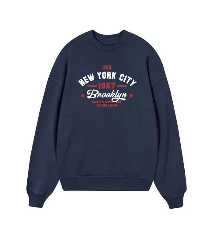 Vintage USA New York City Brooklyn Graphic Crewneck Sweatshirt | Retro Athletic Department 1967 Navy Fleece Pullover Sweater for Men Women | Aesthetic Y2K Streetwear Fall Winter Top