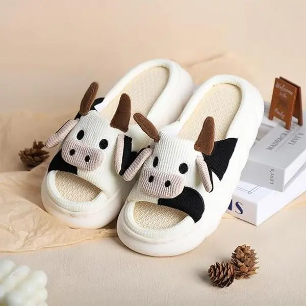 Cow Slippers for Women/Men Indoor, Cute Cartoon Animal House Shoes, Comfortable Cotton Linen Bedroom Kawaii Cloud Slides