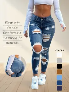 Women's High-Waisted Ripped Skinny Denim Jeans, ElasticVintage Design, Butt Lift, Fit, Casual Fashion, Daily Wear, Sporty Style