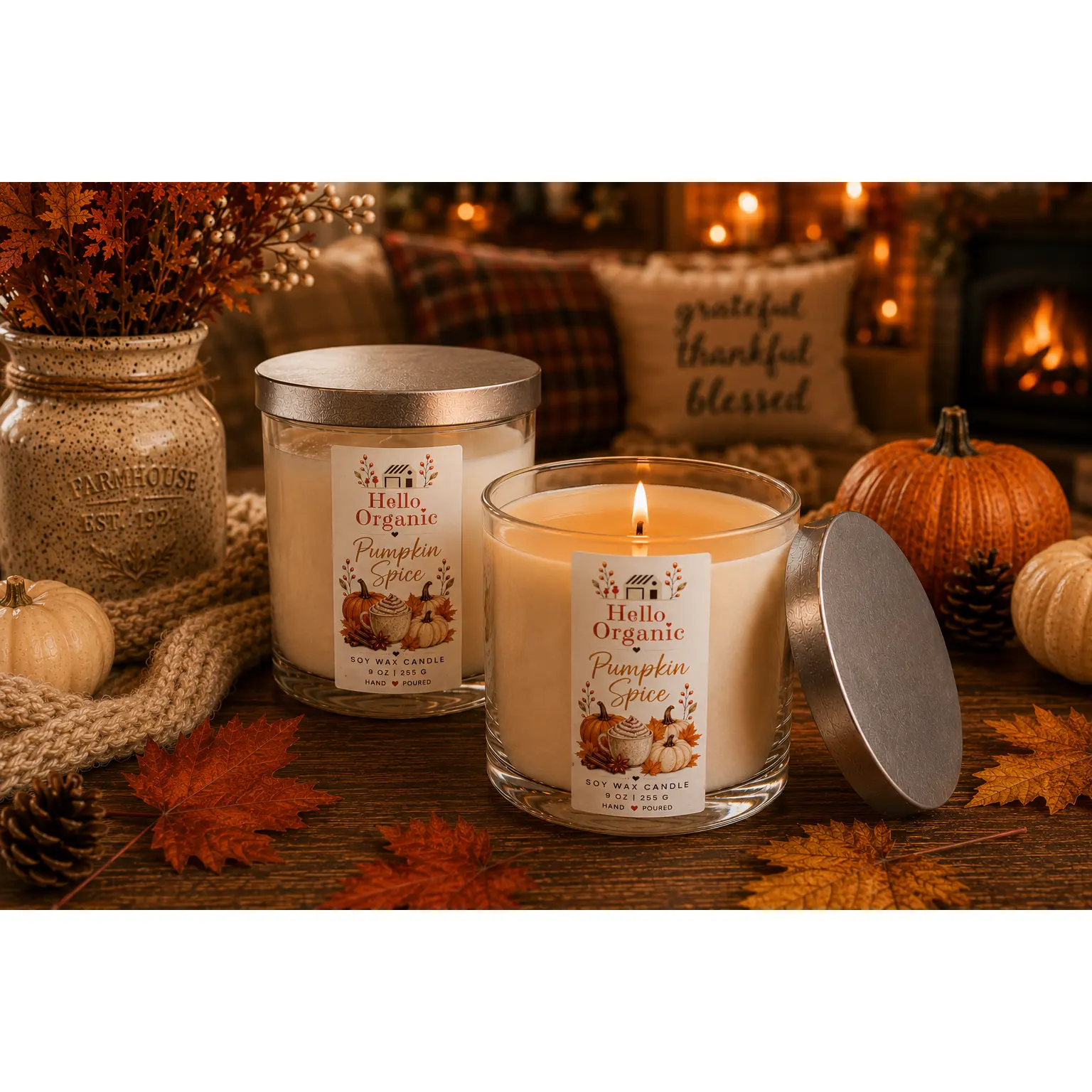 Hello Organic Fall Scented Hand-Poured Non-Toxic Soy Wax Candle –CHOOSE SCENT- 9 oz