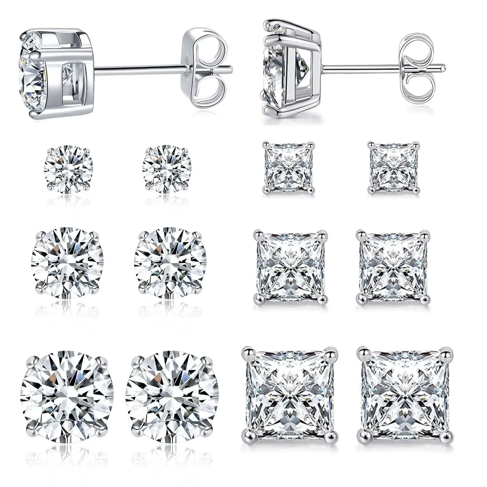 6 Pairs Stud Earrings Set 3mm/5mm/7mm Princess & Round Cubic Zirconia Earrings Hypoallergenic 316L Surgical Stainless Steel CZ Earrings for Women Men