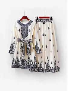 Muslim Women Ethnic Style Fashion Printed Belted Top & Palazzo Pants Set, Round Neck Fitted Long Sleeve Blouse for Spring & Fall, Abaya Hijab Set