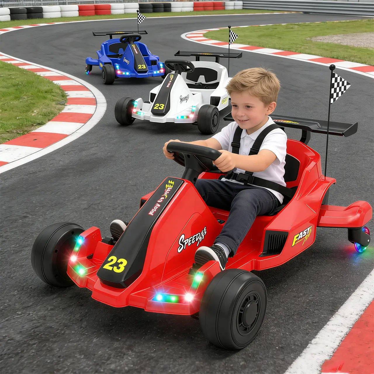 Bobike 12V Rechargeable Kids Unisex Electric Go Kart (Ages 4+), Drift Cart with Built-in Music, LED Lights, Swivel Rear Wheels, Adjustable Seat Belt, Outdoor Ride-on Toy for Holidays, Birthdays, Real Karting Excitement, Adjustable Seatbelt Fit