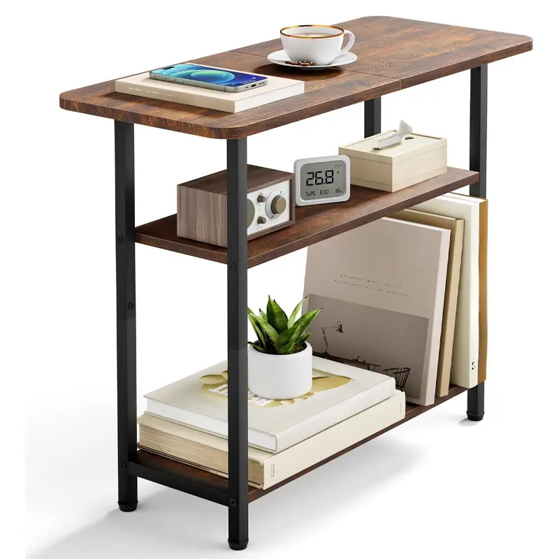 Side Table For Living Room, 3-Tier End Table For Small Space With Wide Storage Tabletop, Brown Narrow Nightstand For Bedroom, Sofa Couch