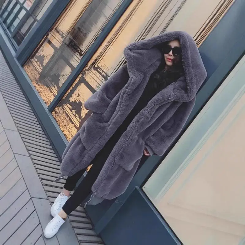 2026 Autumn Winter Faux Rex Fur Thickened Long Hooded Fur Coat Faux Fur Thickened Loose Overcoat