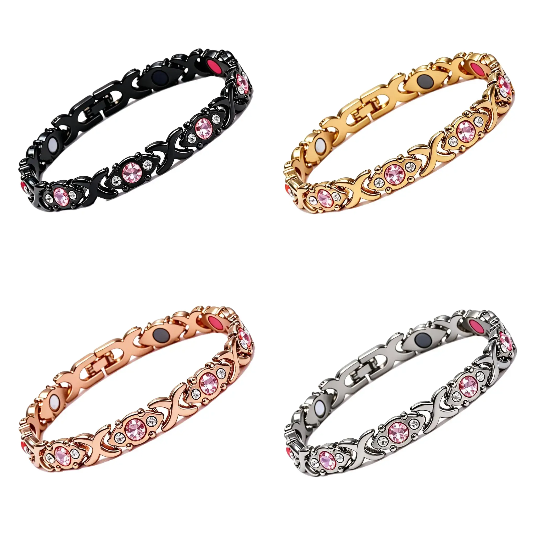 Women's Hollow X-Link Polished Metal Bracelet, Inlaid Pink Crystal with Built-In Natural Magnet Inserts, 4 Finishes Black Gold Rose Gold Silver Dainty Fashion Accessory Gift for Daily Wear