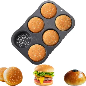 6 Cavity Hamburger Bun Mold, Non-stick Baking Pan, Easy To Release Household Silicone Food Baking Tool, Kitchen Accessories, Bakery Molds