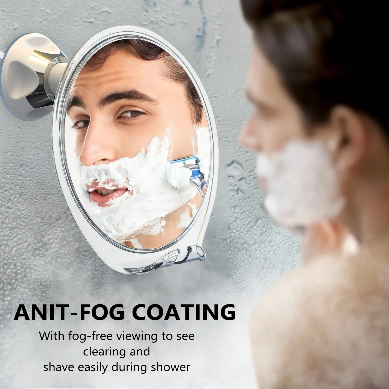 Fogless Shower Mirror with Razor Holder, 360° Rotating Anti-Fog Bathroom Mirror for Shaving & Makeup, No-Drilling Suction Cup Mount, Easy Disassembly, Travel Accessory, Gift for Men Women