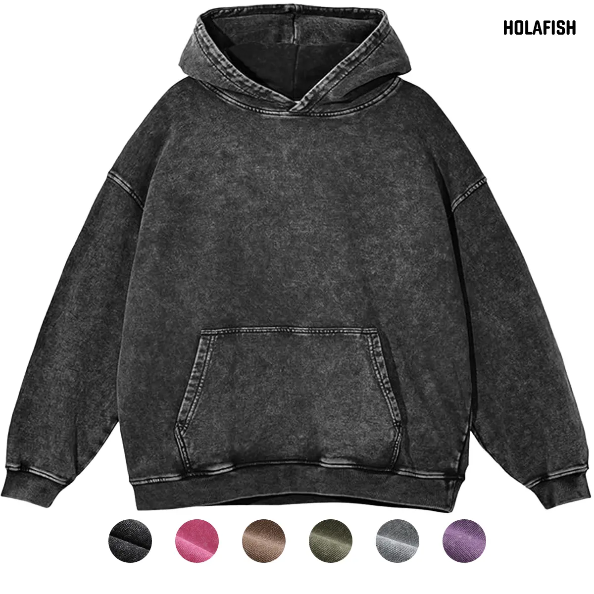 Holafish Men's Vintage Retro Plain Cotton Fleece Long Sleeve Unisex Oversized Acid Wash Preppy Hoodie - Soft Stretch, Kangaroo Pocket, Ribbed Cuffs & Hem, Casual Pullover, Fall Street Style, Vibe, Halloween, Holiday, Hooded Neck, Do Not Dry Clean, Expanda