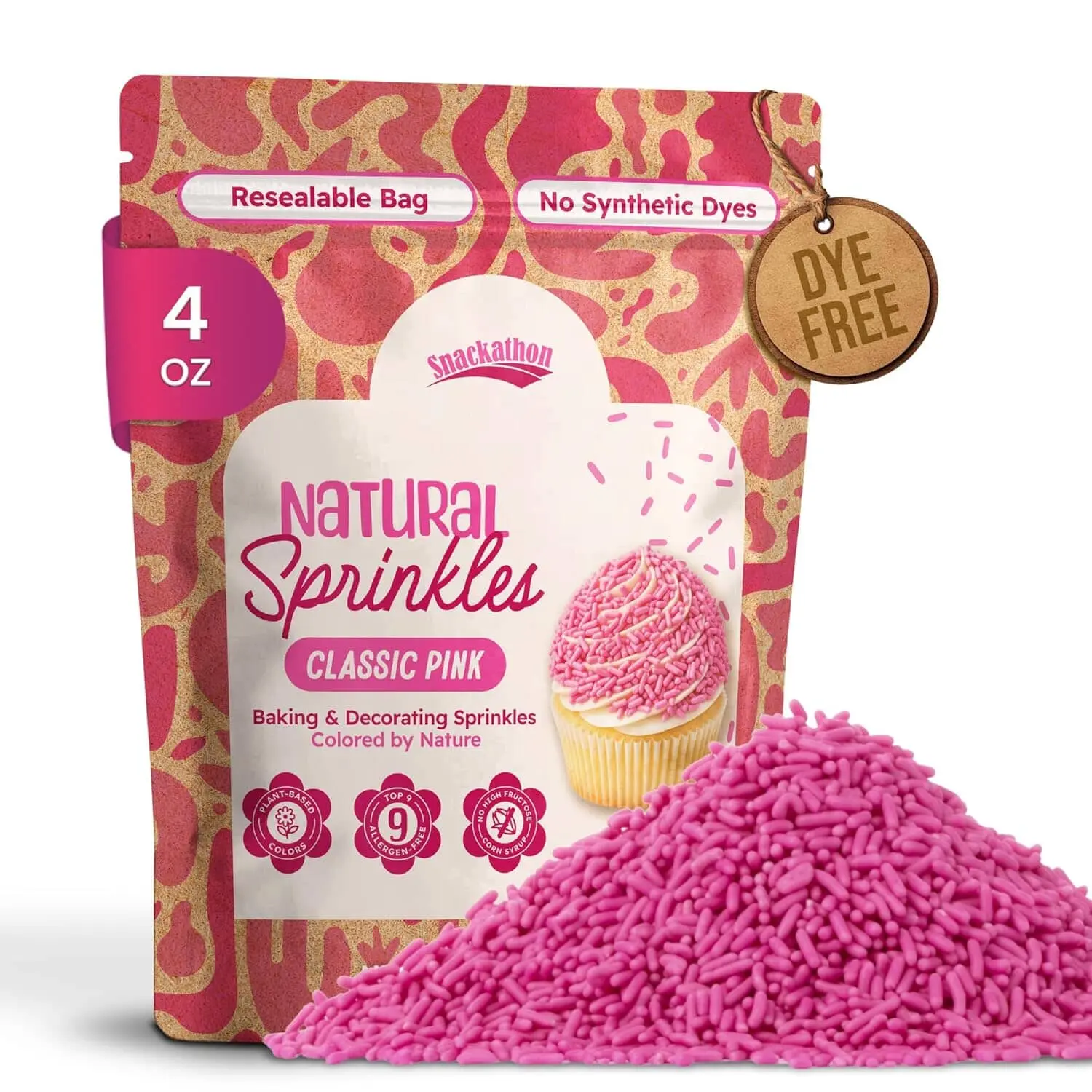 Snackathon Natural Sprinkles for Baking & Decorating, Dye-Free Pink Sprinkles, 15 oz Bulk Jimmies in Resealable Bag - Naturally Colored, No Artificial Dyes, Gluten-free for Cakes, Ice Cream & Desserts