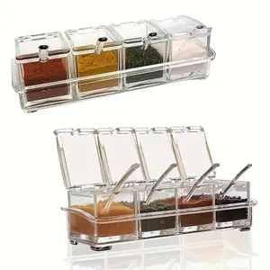 A set of clear acrylic boxes with four compartments, including spoons, designed for clear spice storage. Ideal for storing salt, sugar and other condiments, this kitchen is perfect for restaurant use. Utensils