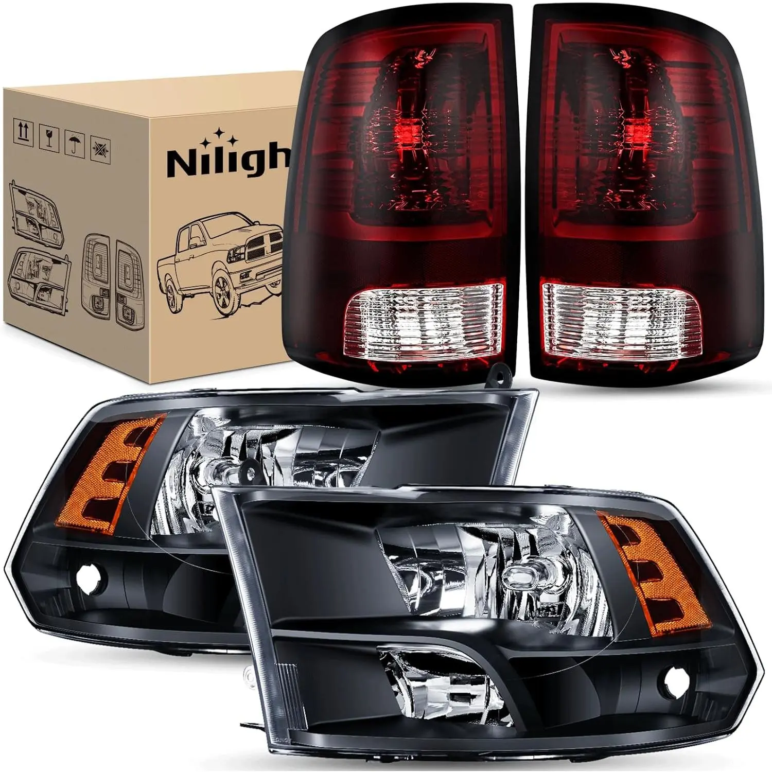 Nilight Automotive Headlamps & Taillight Replacement Assembly Combo, OE Standard Car Accessories for 2009-2018 Dodge Ram Quad Models, Black Housing, Amber Reflector, Dark Red Taillight, Factory Look, Amber Road Signal